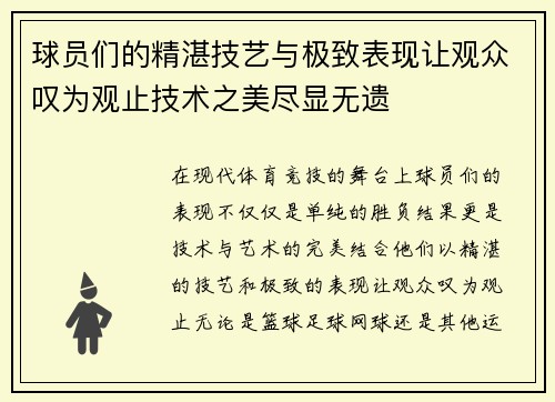 球员们的精湛技艺与极致表现让观众叹为观止技术之美尽显无遗