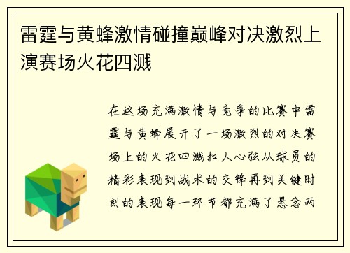 雷霆与黄蜂激情碰撞巅峰对决激烈上演赛场火花四溅