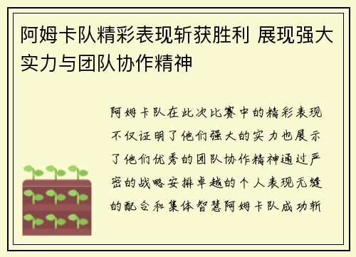 阿姆卡队精彩表现斩获胜利 展现强大实力与团队协作精神