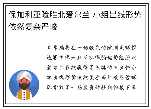 保加利亚险胜北爱尔兰 小组出线形势依然复杂严峻